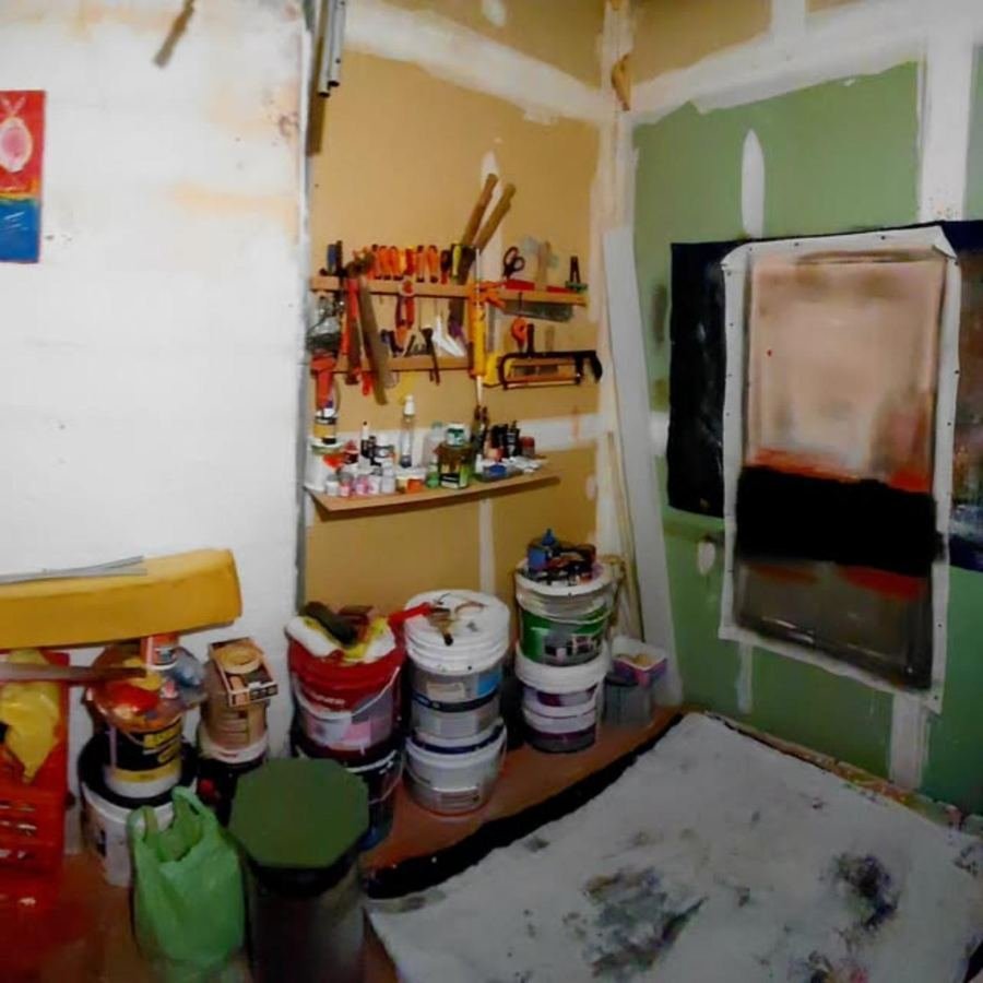 Rincón del taller: estantes con herramientas, baldes de pintura y una obra en proceso clavada a la pared